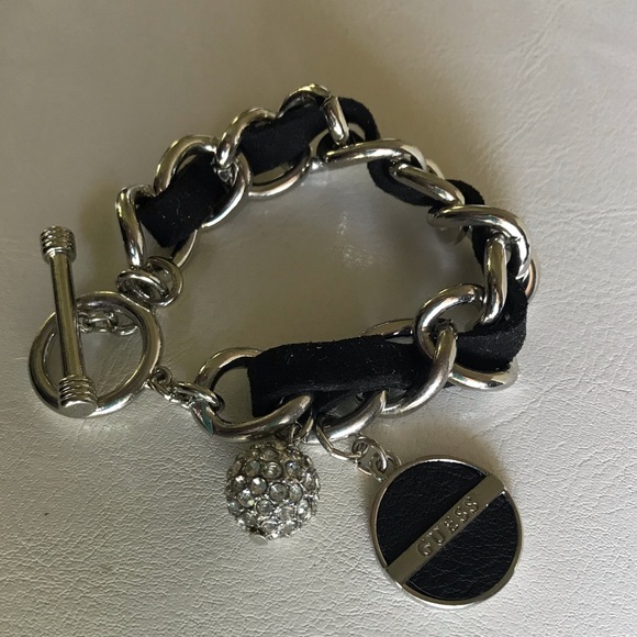 Guess Silver Black Leather Bracelet